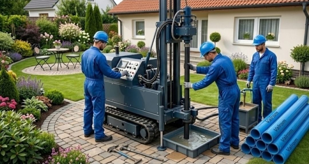 Utilaj compact de foraj pe șenile într-o curte amenajată, lângă o casă
